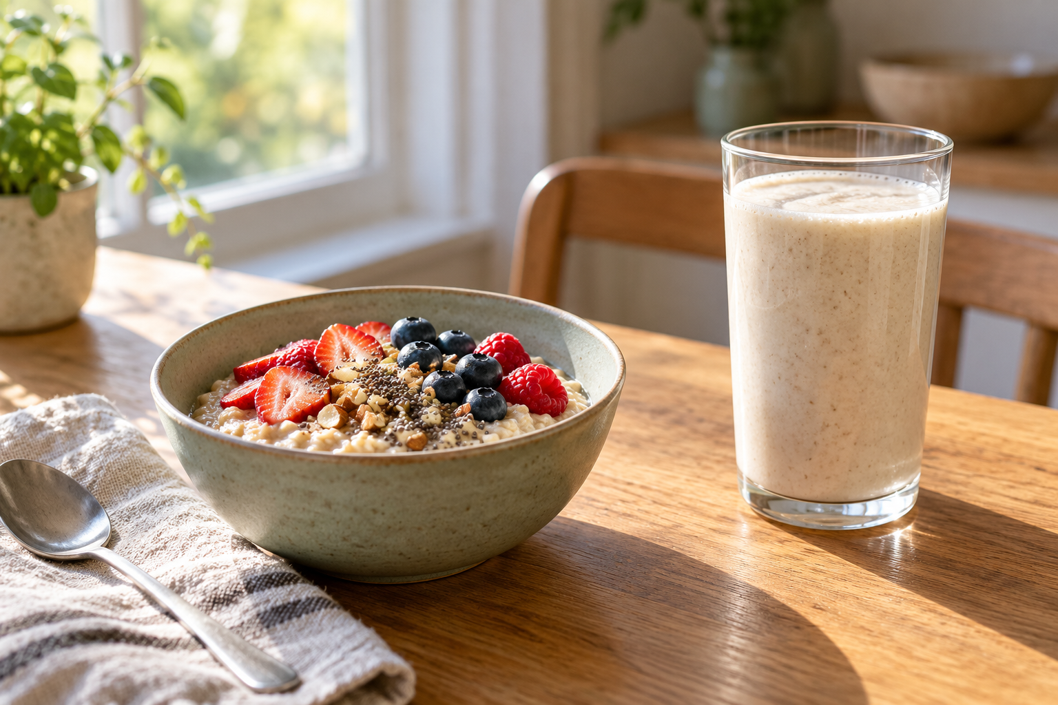 Oats and berries beside an unbranded protein shake