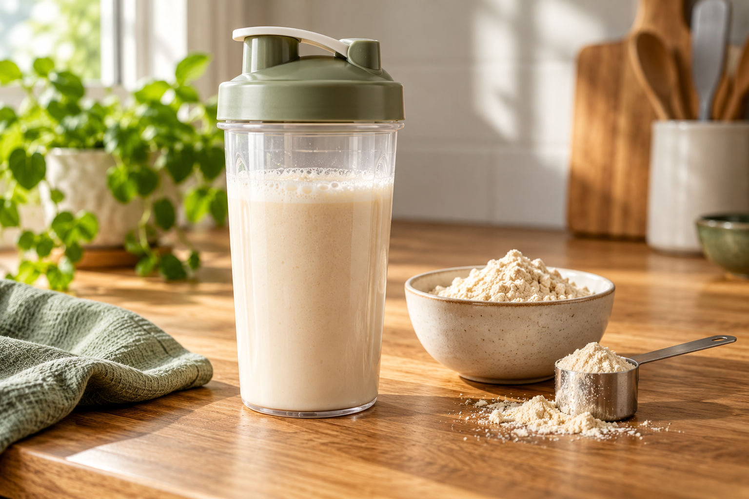 Unbranded protein shake with powder and a scoop